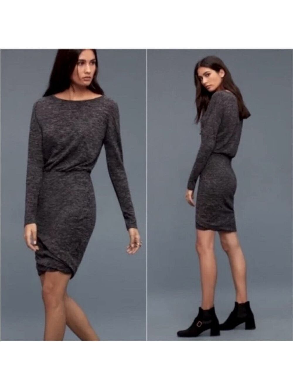 Aritzia Wilfred Bercot Dress Heathered Black Bodycon Long Sleeve Size Small